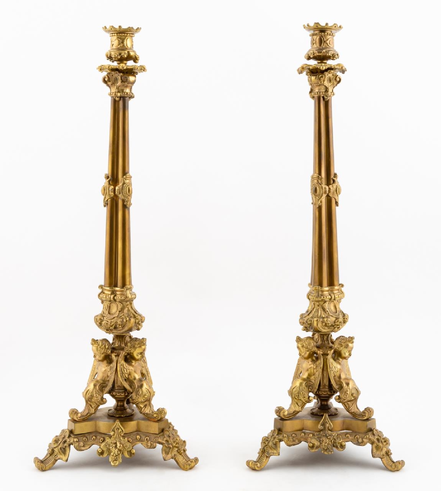 PAIR, 19TH C. BRONZE CHERUB CANDLESTICKS