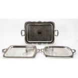 3 PCS, SILVERPLATE HANDLED & FOOTED SERVING TRAYS