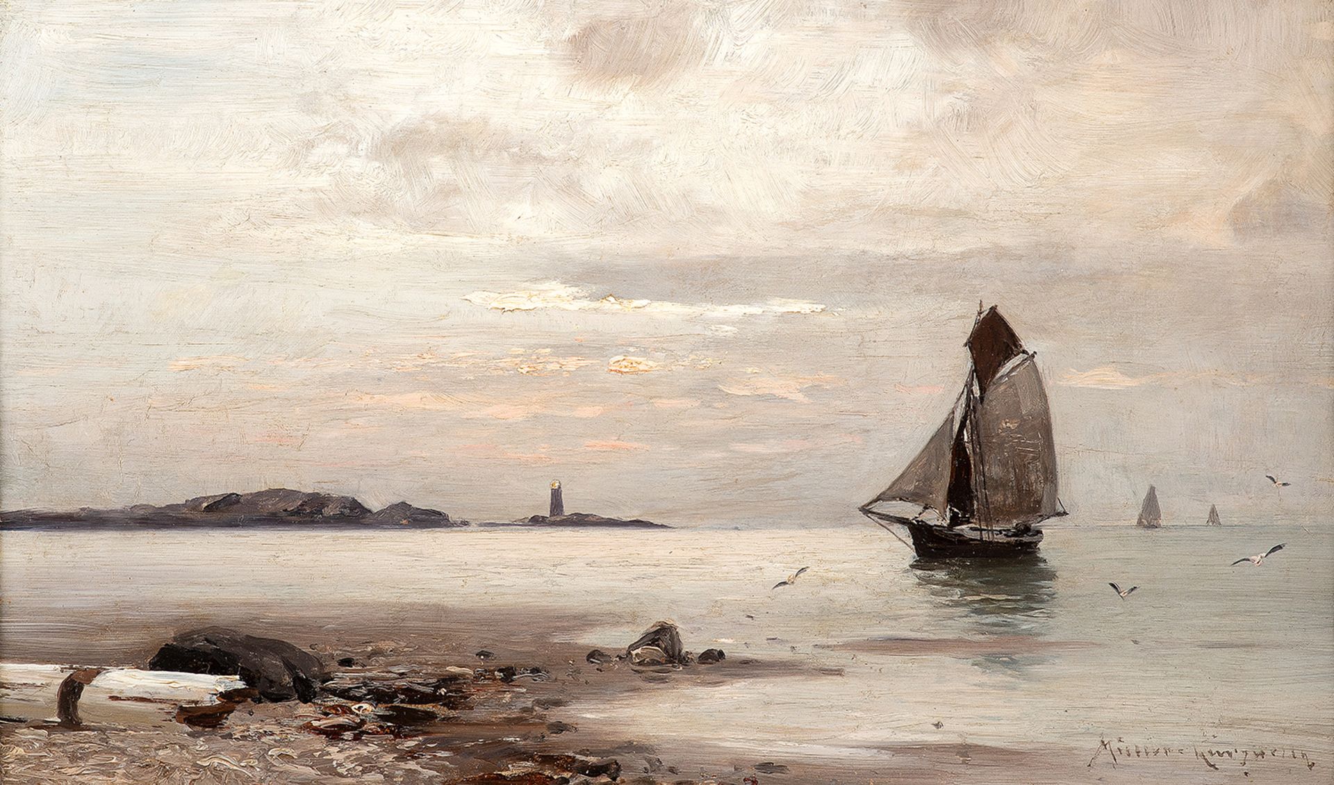 Konrad Alexander Müller–Kurzwelly – Fischerboot im Abendlicht. um 1890.