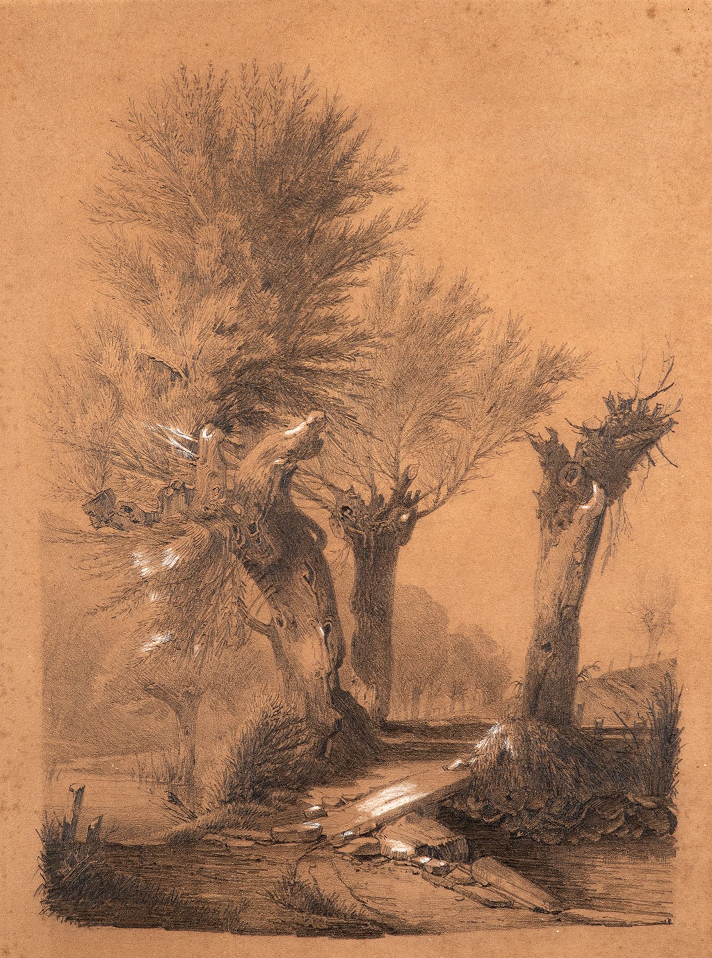 Louis Douzette – Landschaft mit Bachlauf und kleiner Brücke. um 1860.