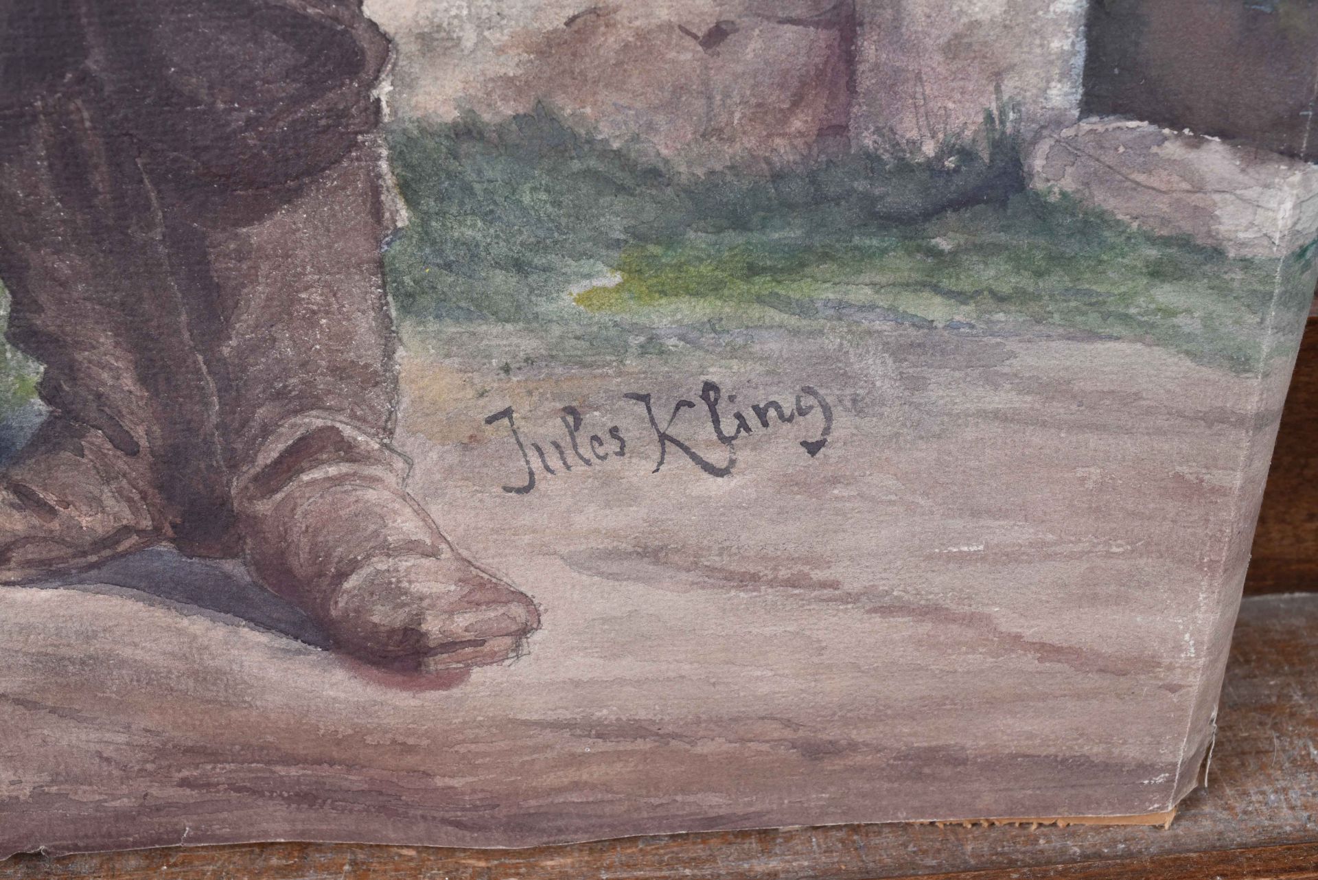 Jules Kling « Joueur de fifre prussien » aquarelle sur papier signée en bas à droite. 56x40 cm. Pliu - Bild 2 aus 2