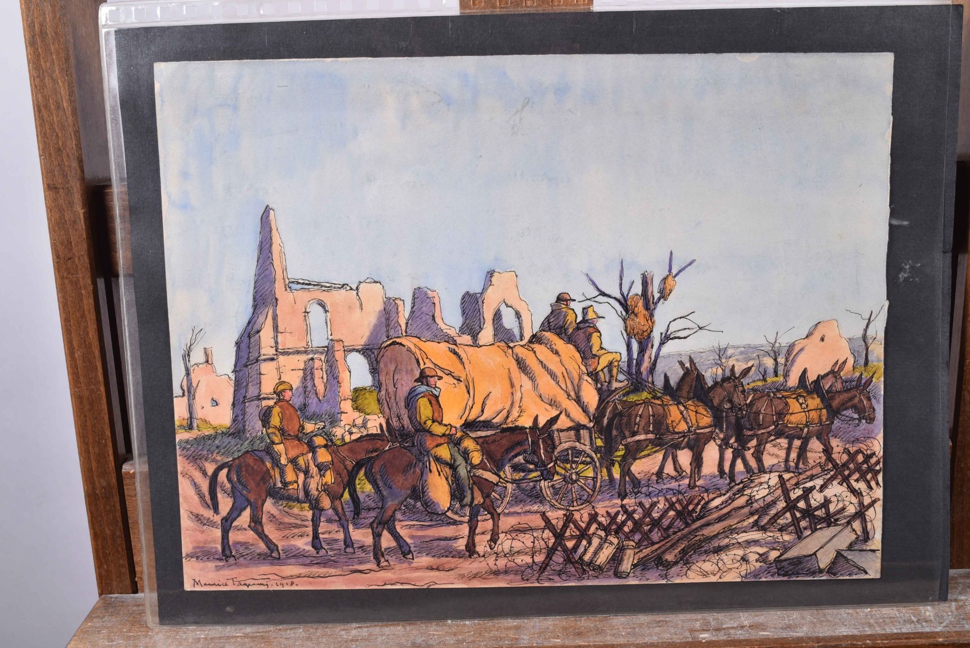 Taquoy. (M.) L’armée américaine dans la Grande Guerre. "Convoi avec mules" aquarelle originale