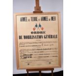 Affiche de mobilisation générale 2 août 1914. Grand format 120 x 80 cm. T.B.E. Encadrement sous-