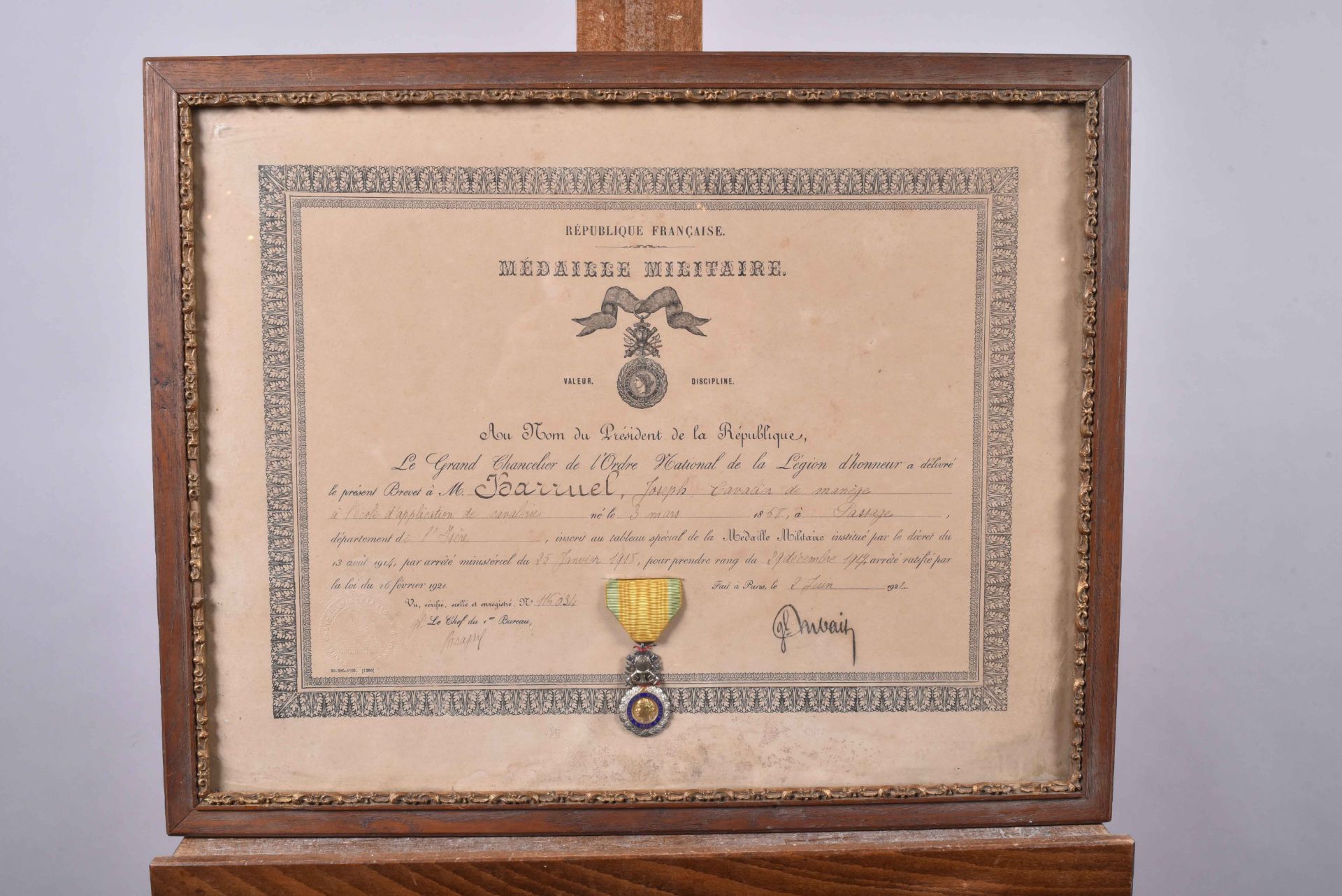 Cavalier de manège Joseph Barruel de l’Ecole d’Application de Cavalerie. Brevet et décoration de la 