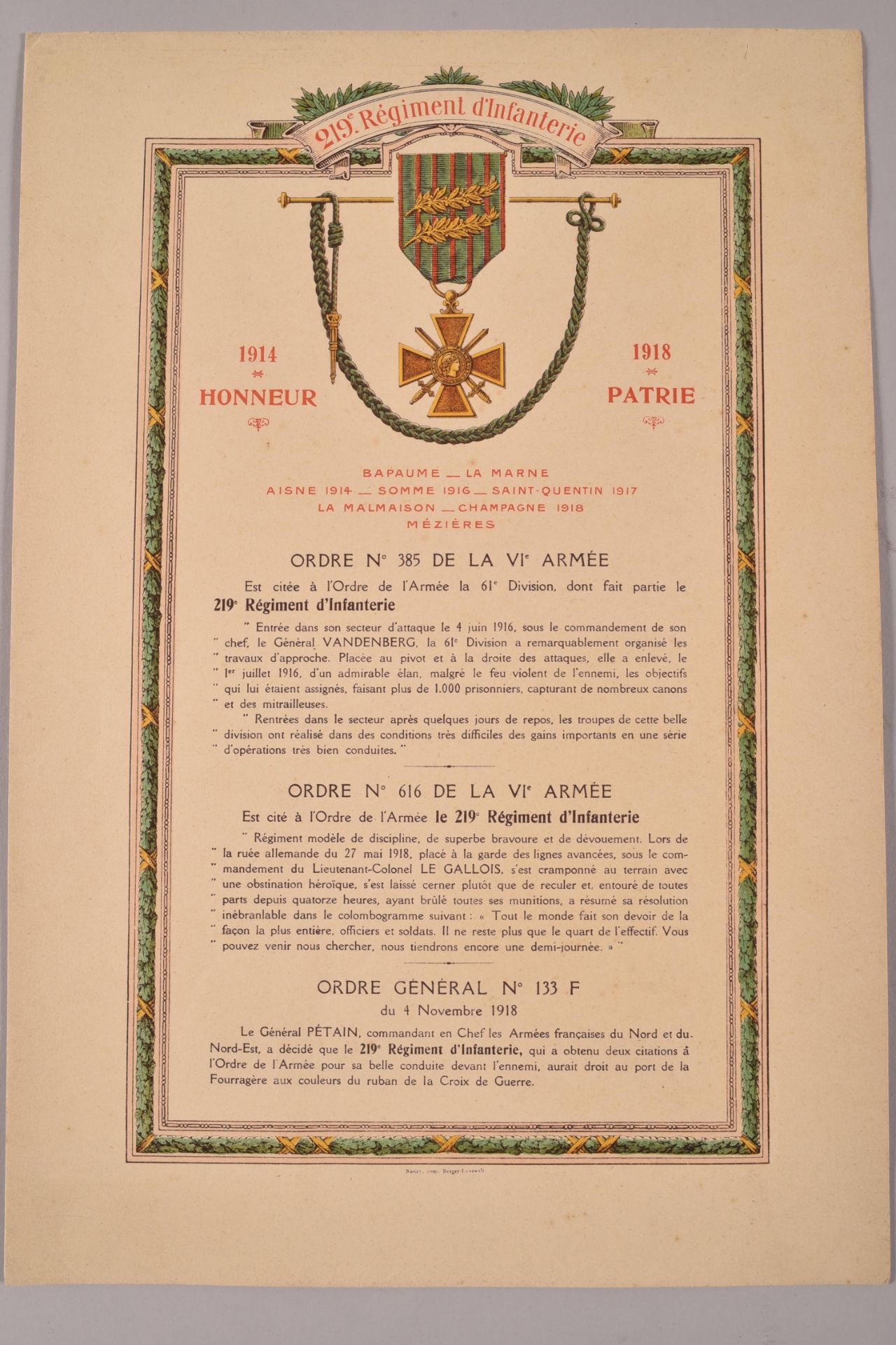 Photogravure du maréchal Foch. On y joint une citation du 219° régiment d’infanterie. - Bild 2 aus 3