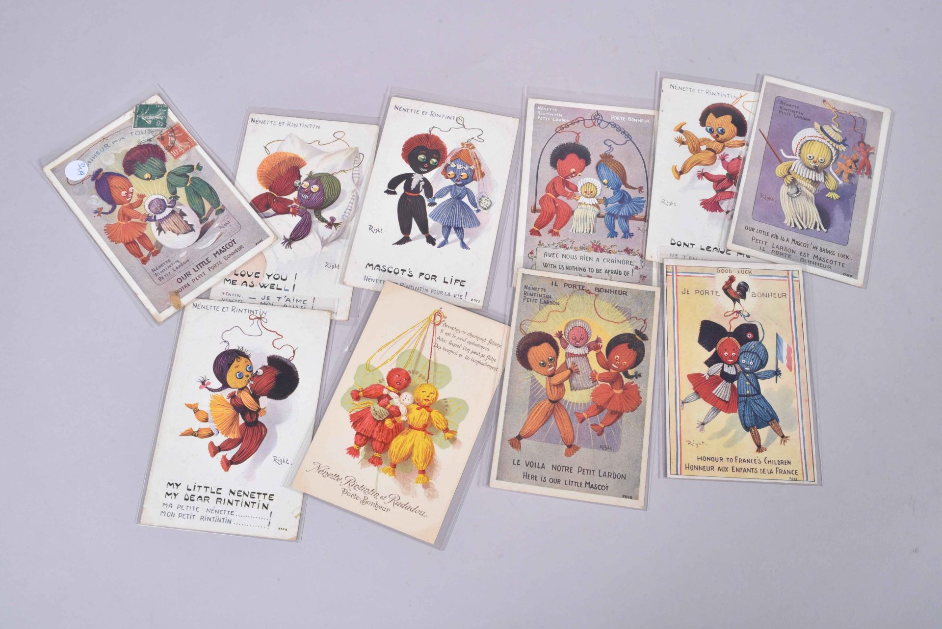 Nénette et Rintintin. Personnages mascotte en tricotine. 10 cartes en couleurs