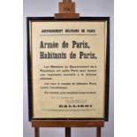 Affichette du gouvernement militaire de Paris. « Armée de Paris, habitants de Paris… »