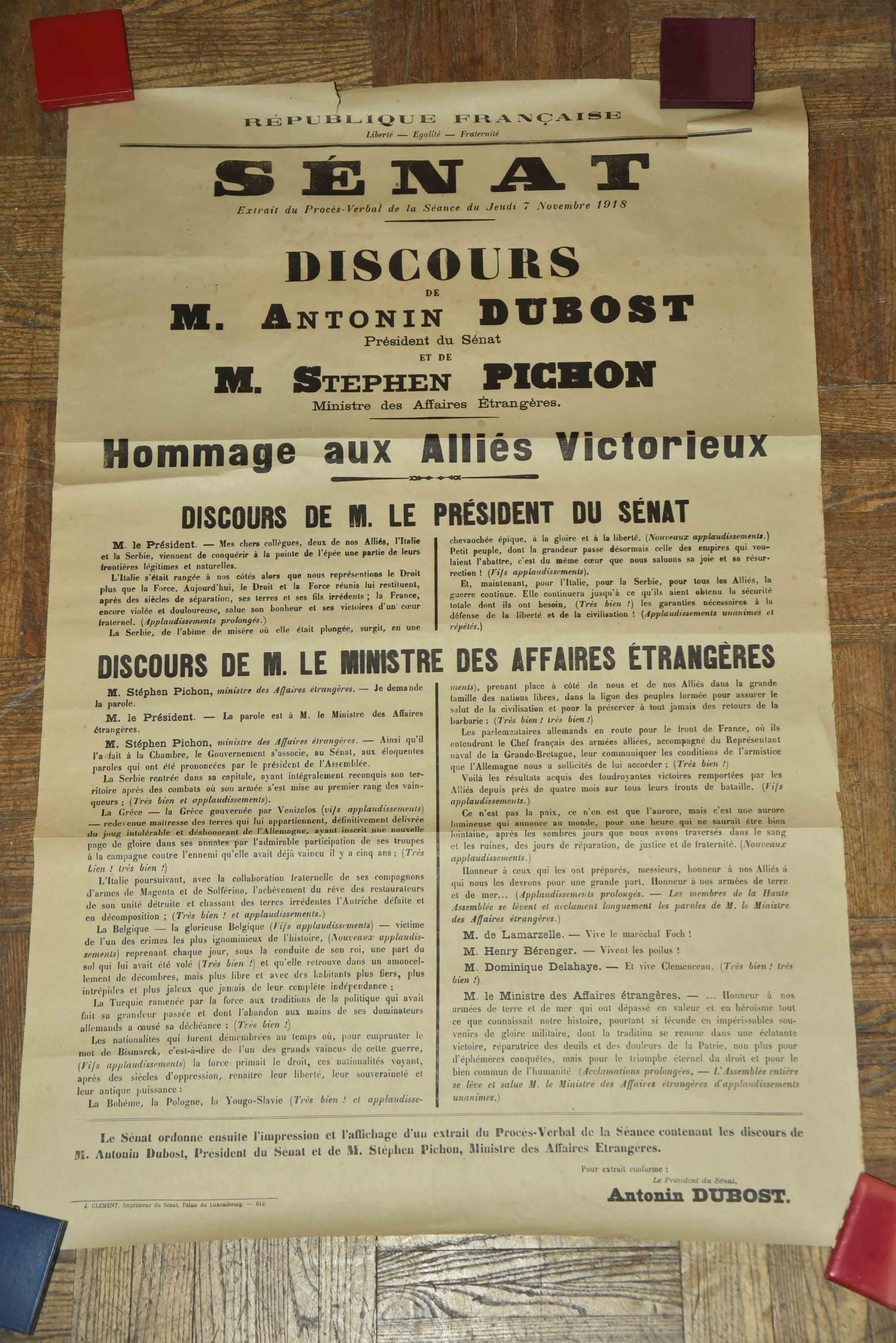 Affiche « Hommage aux alliés victorieux » Discours du président du Sénat et du ministre des Affaires