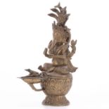 20thC Tibetan Ganesh Brass Oil Lamp Figure