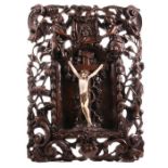 18thC Carved Walnut & Ivory Corpus Christi with Angelic Scrolls