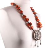 Buddhist Temple Gau Silver and Amber Necklace