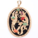 14K Gold Chinese Dragon Coral, Jade & Ruby Pendant