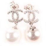Chanel Faux Pearl Silver Designer Earrings