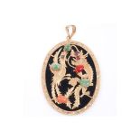 NO RESERVE PRICE 14ct Gold Chinese Dragon Coral, Jade & Ruby Pendant