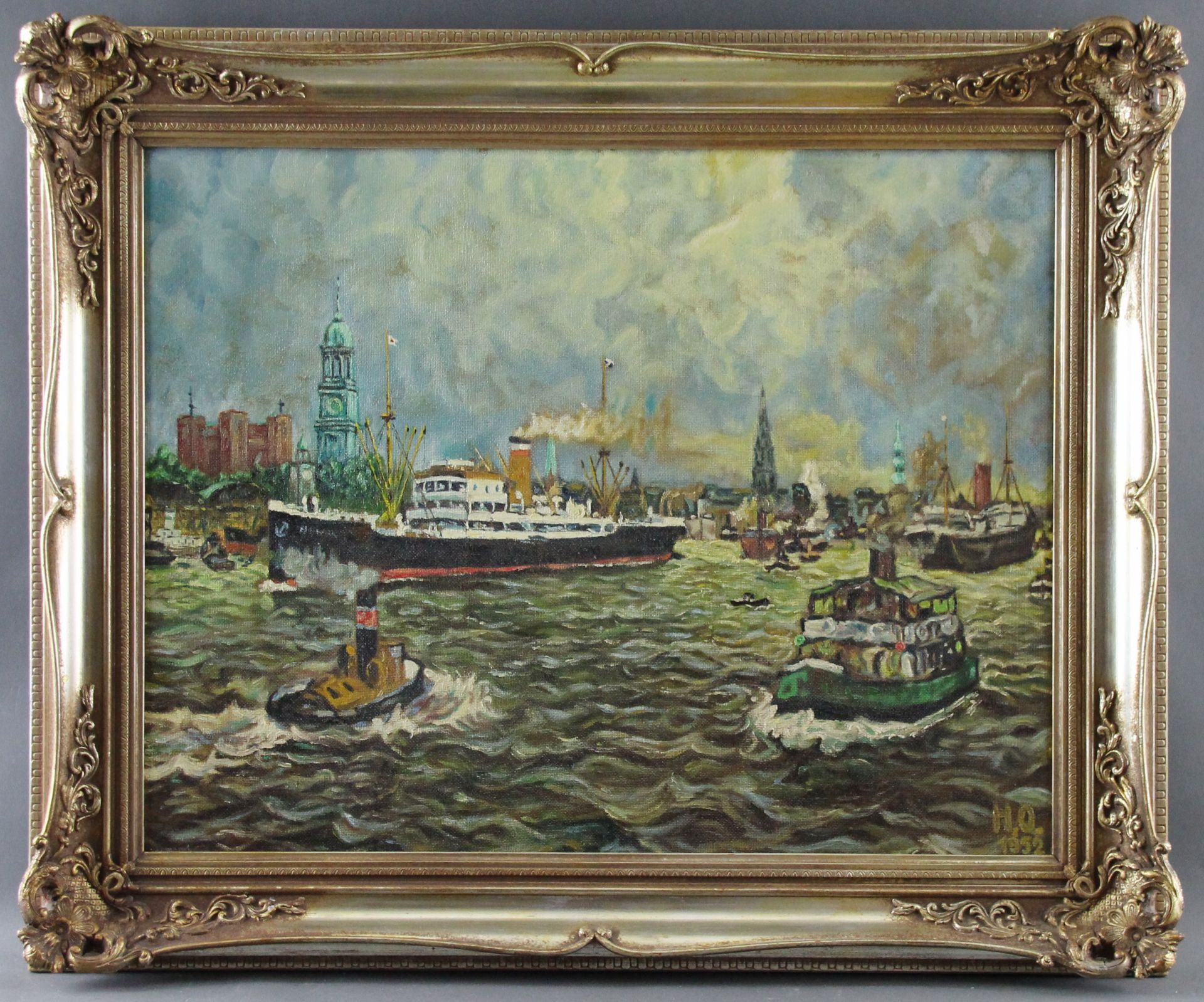 Monogrammist "H.O." (20. Jhd.) - Öl/HF., "Belebter Hamburger Hafen" 1952