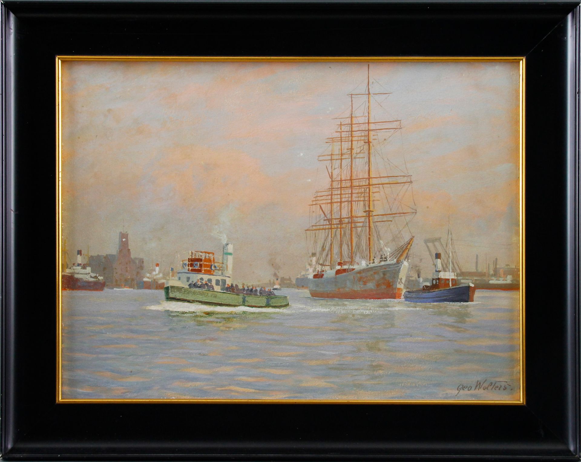 Geo Wolters (1866 - 1943) - Tempera/Öl/MK,"Belebter Hamburger Hafen"