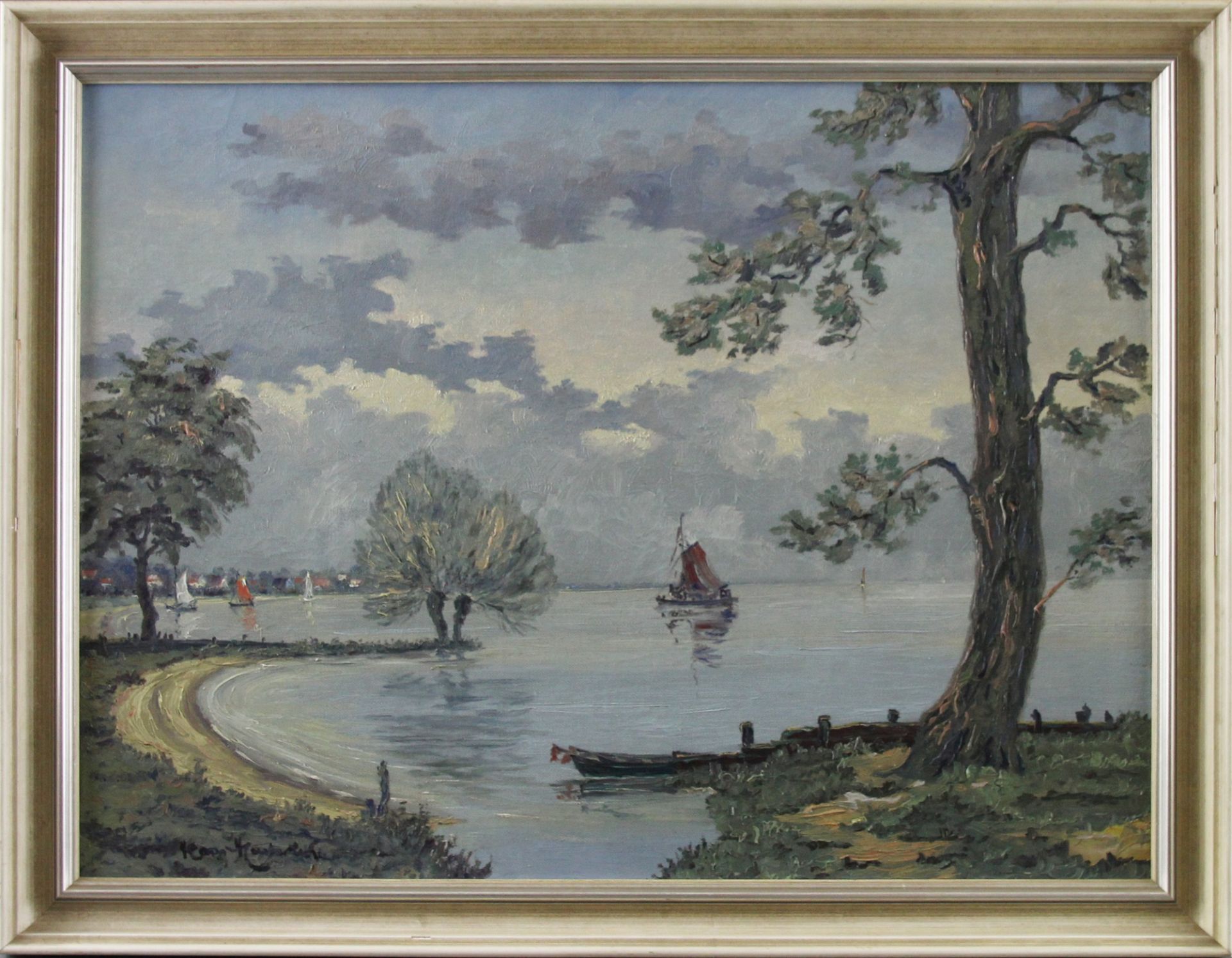 Hans Hentschke (1889 - 1969) - Öl/Lw., "Fischerkähne vor einer Bucht"