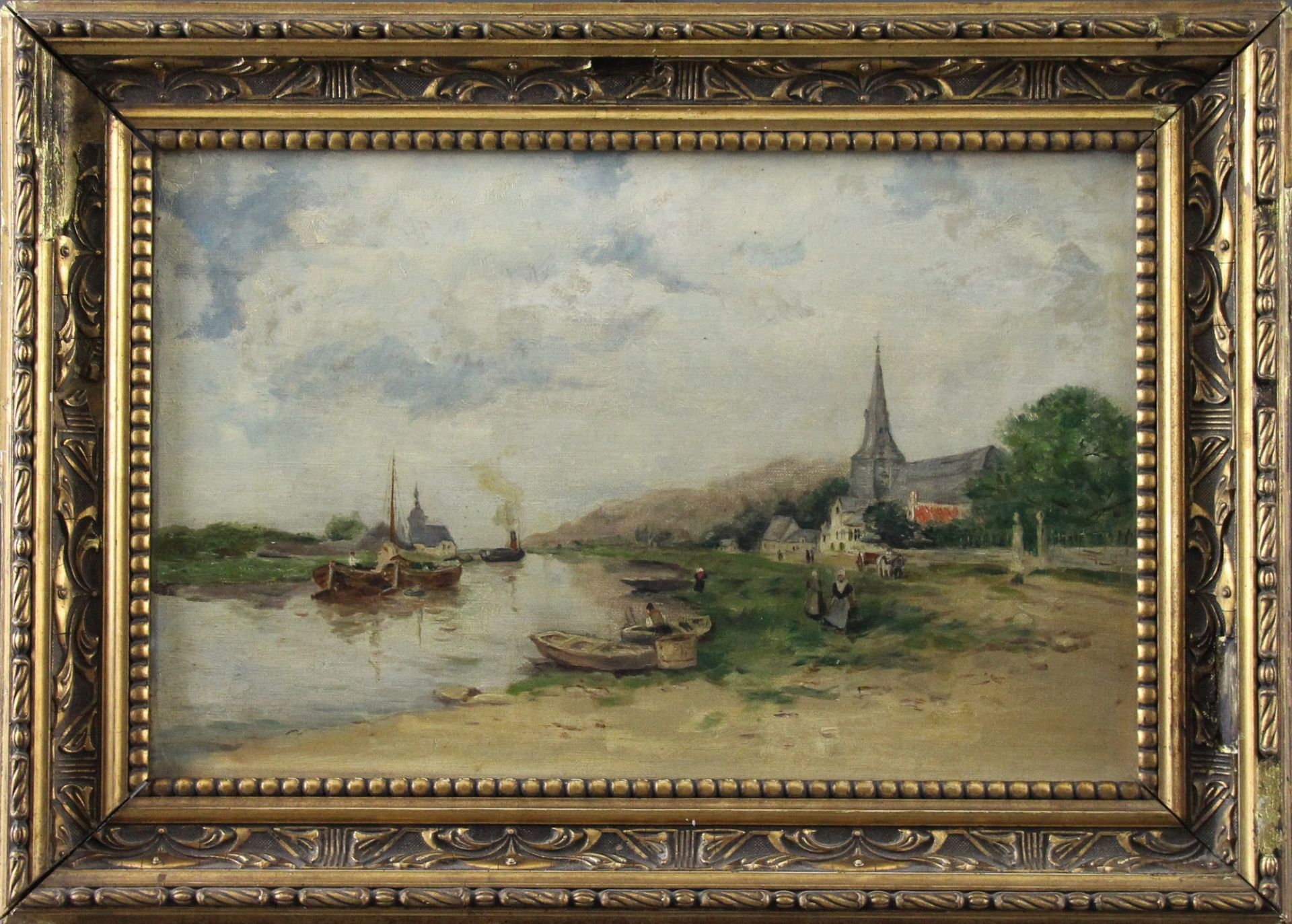 Maler (19. Jhd.) - Öl/Lw., "Holländische Flußlandschaft mit Personen vor einer Kirche"