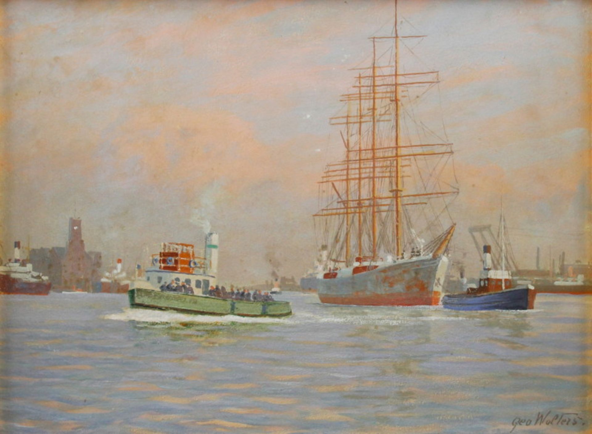 Geo Wolters (1866 - 1943) - Tempera/Öl/MK,"Belebter Hamburger Hafen" - Bild 2 aus 3