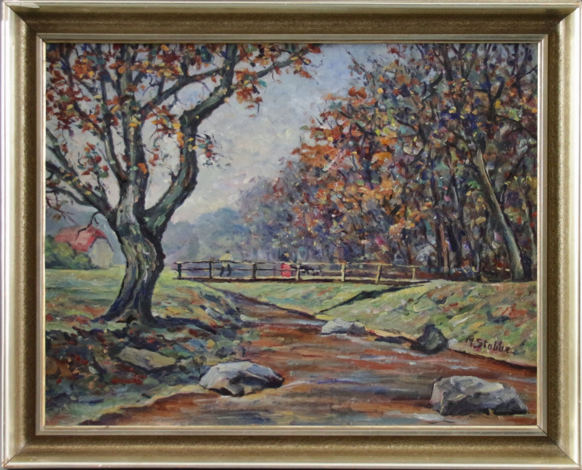 Max Stobbe (1883 - 1963) - Öl/HF., "Herbstlandschaft mit Personen auf einer Holzbrücke"