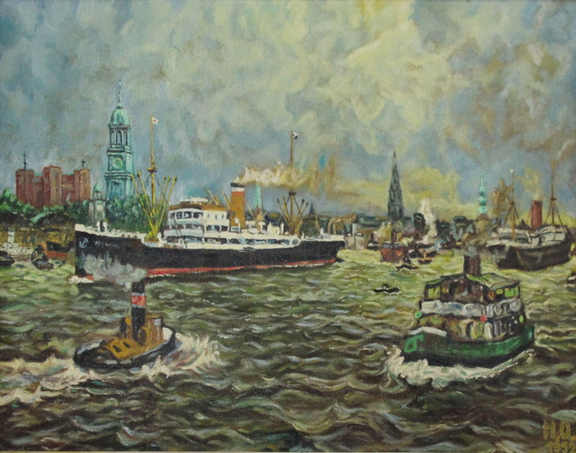 Monogrammist "H.O." (20. Jhd.) - Öl/HF., "Belebter Hamburger Hafen" 1952 - Bild 3 aus 3