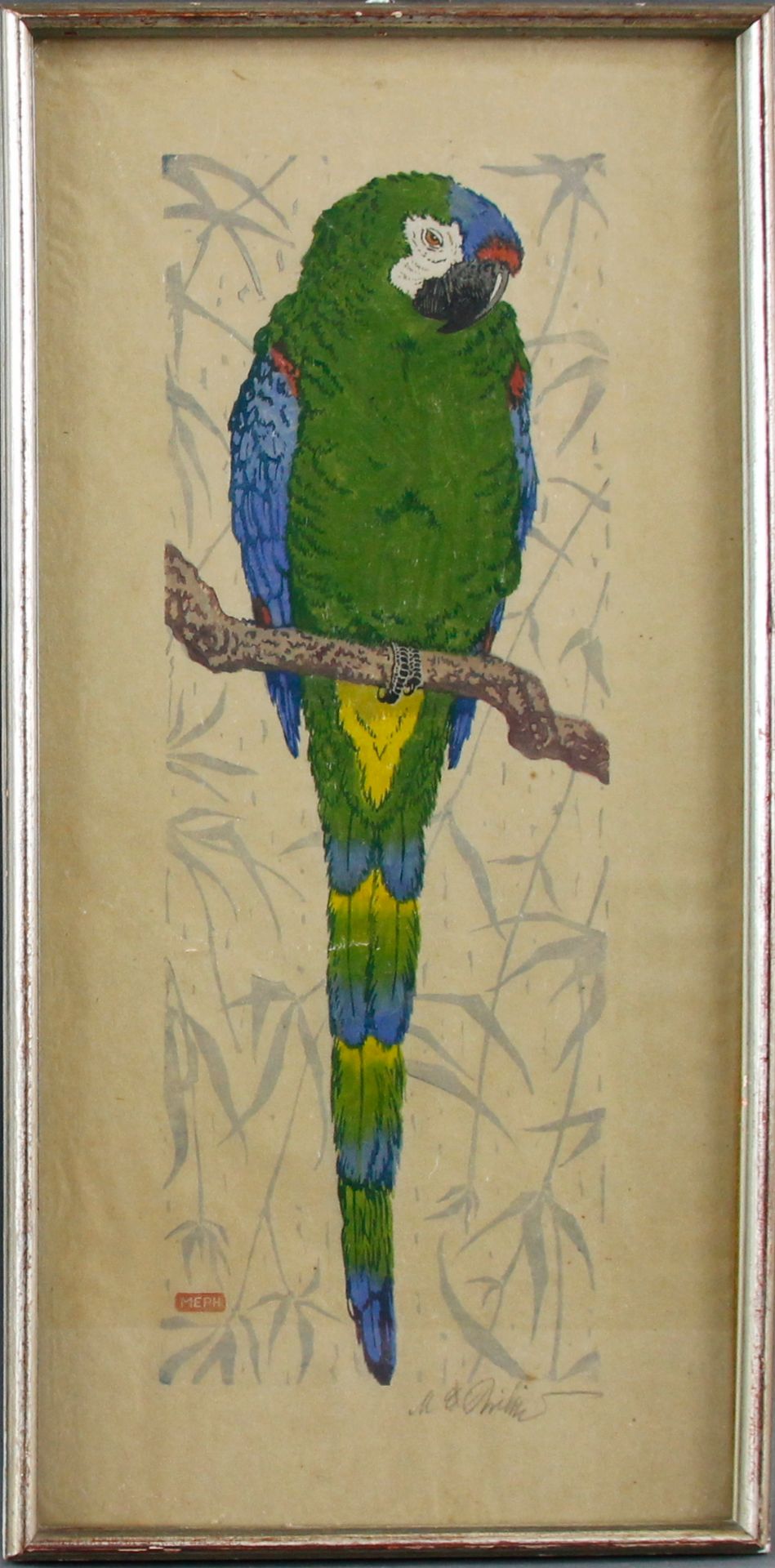 M. E. Philipp (1887 - 1978) - Farb-Holzschnitt/Papier, "Großer Blauflügel Ara auf Ast", um 1920