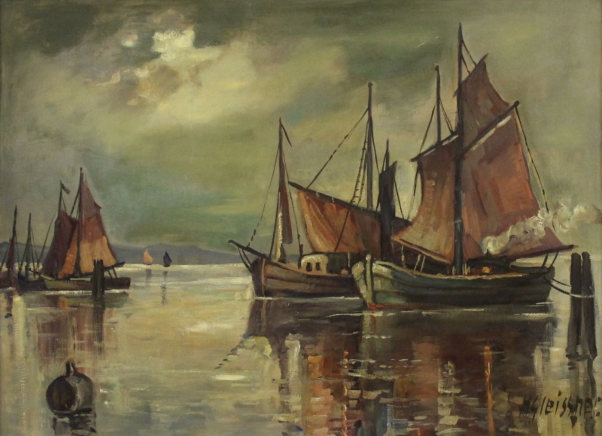 Hermann Gleissner (1880 - ca. 1935) - Öl/Lw., Fischerkähne vor der Küste unter Mondlicht - Image 2 of 4