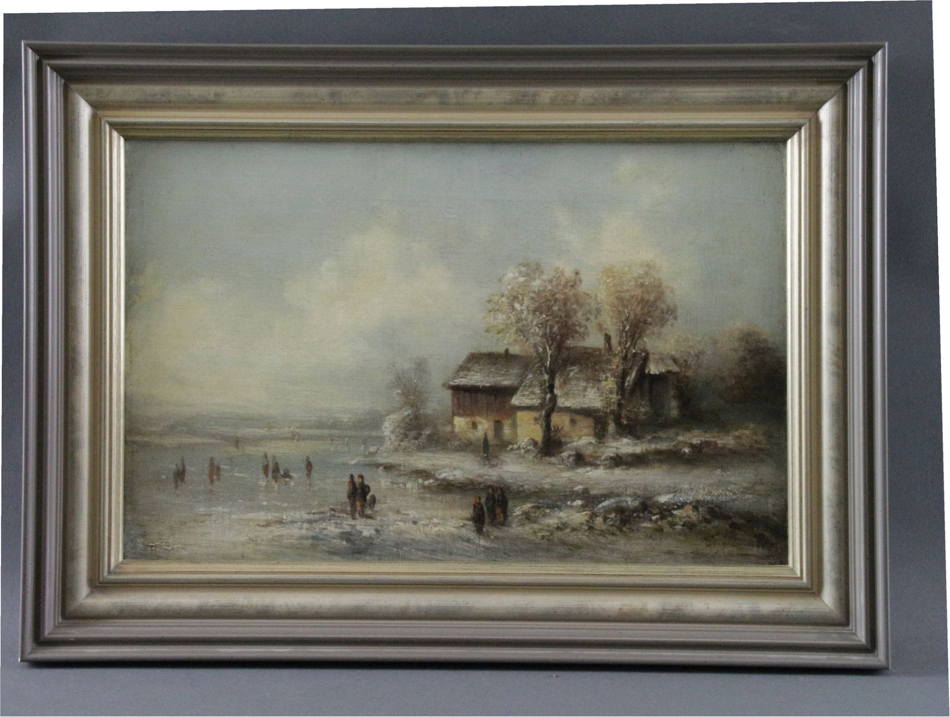 Maler (19. Jhd.) - Öl/Lw., Winterliche Landschaft mit Personen auf dem Eis