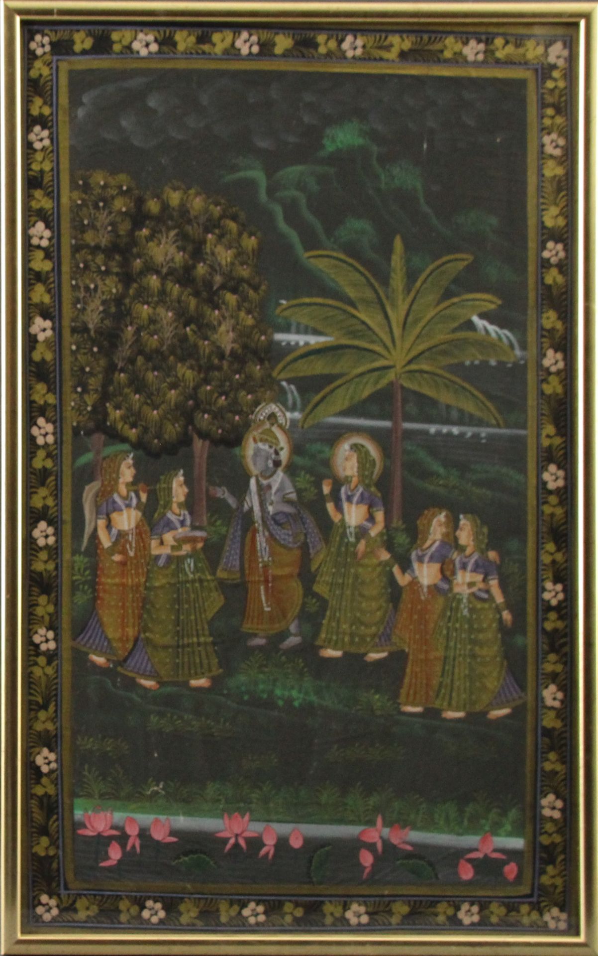 Maler, Rajasthan. Budni-Stil, Pastell/Stoff. Krishna mit Gefolge im Garten, 19. Jhd.