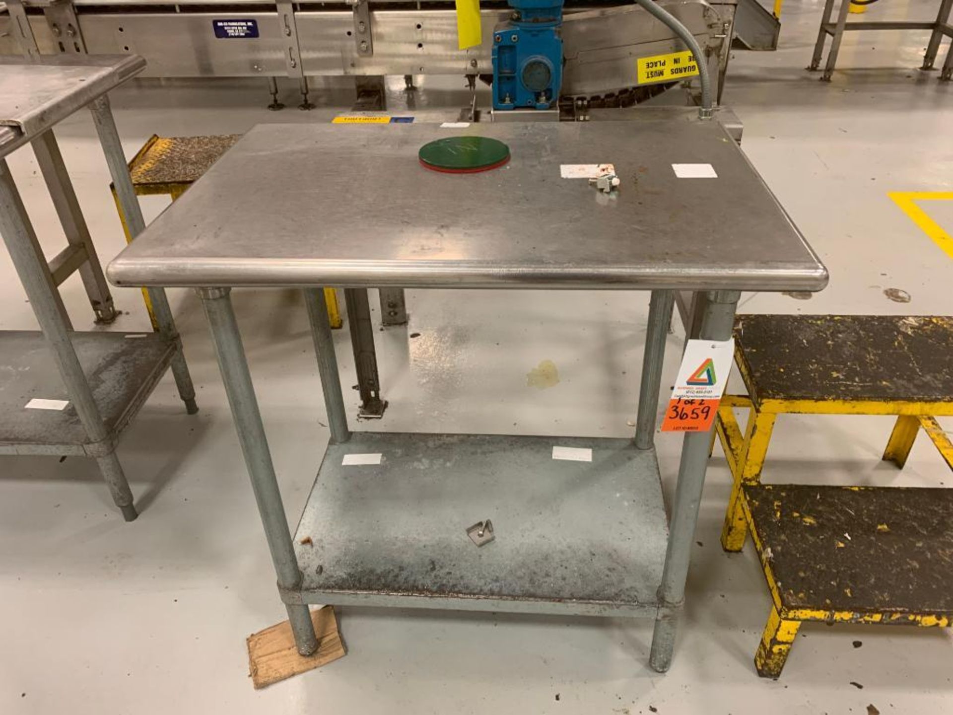 stainless steel table, 30 in. x 30 in. x 34 in., bottom shelf; mild steel work step LOT