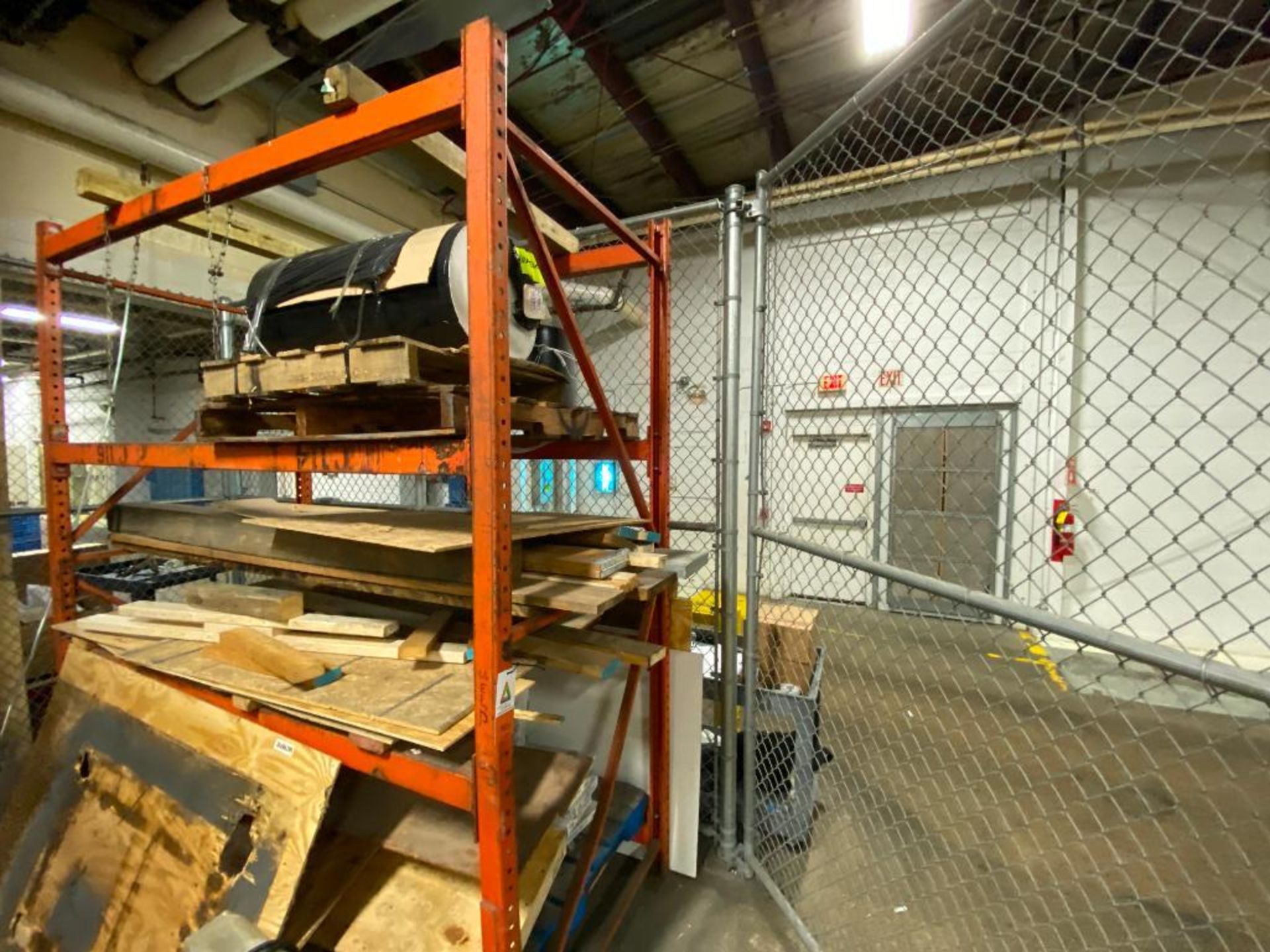 bolt together style pallet rack with contents, includes pallet of lighting, (2) shop vacuums, pallet