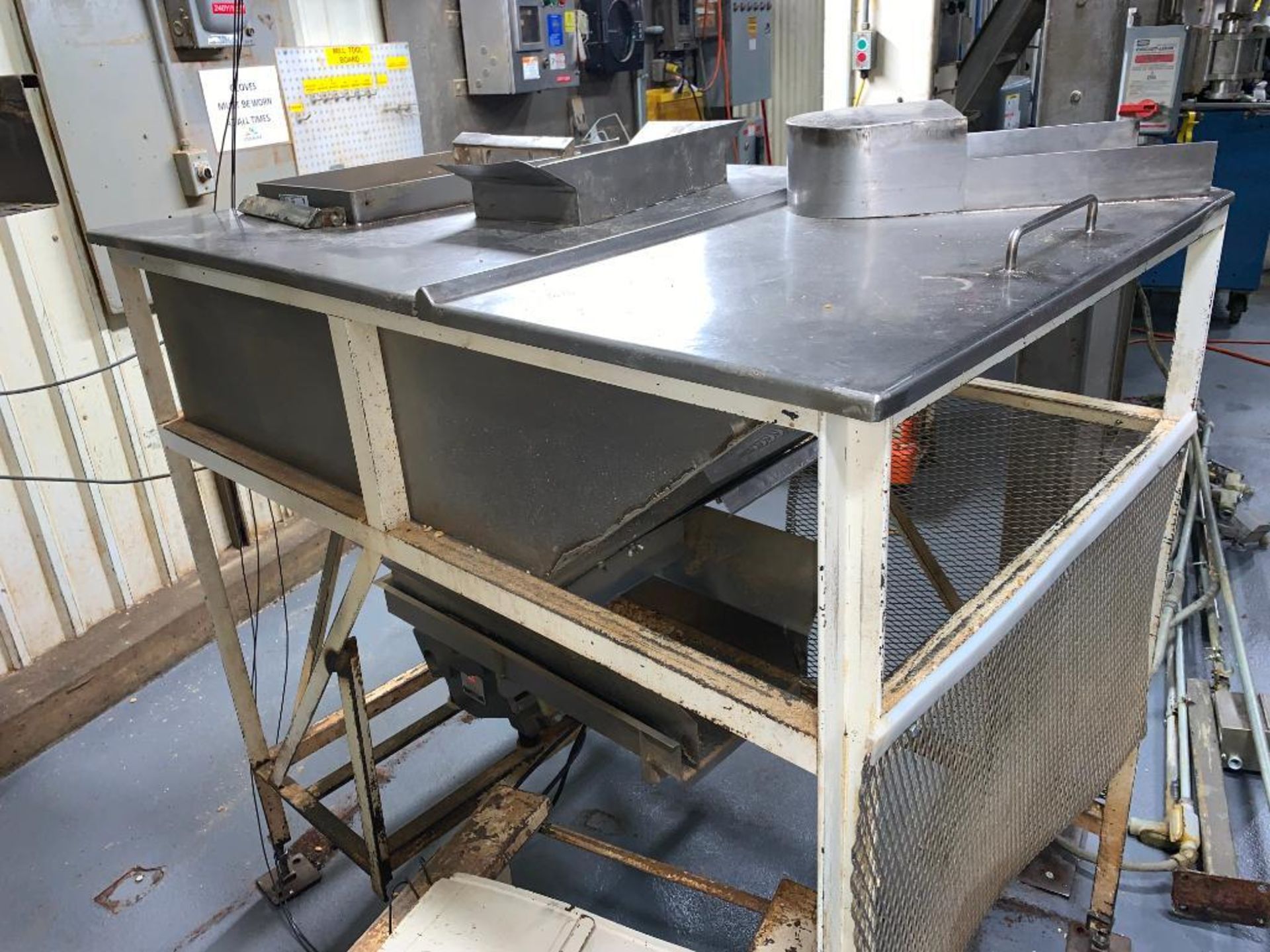 stainless steel hopper, 54 in. x 36 in. x 24 in., with 30 in. x 12 in. vibratory feeder on bottom