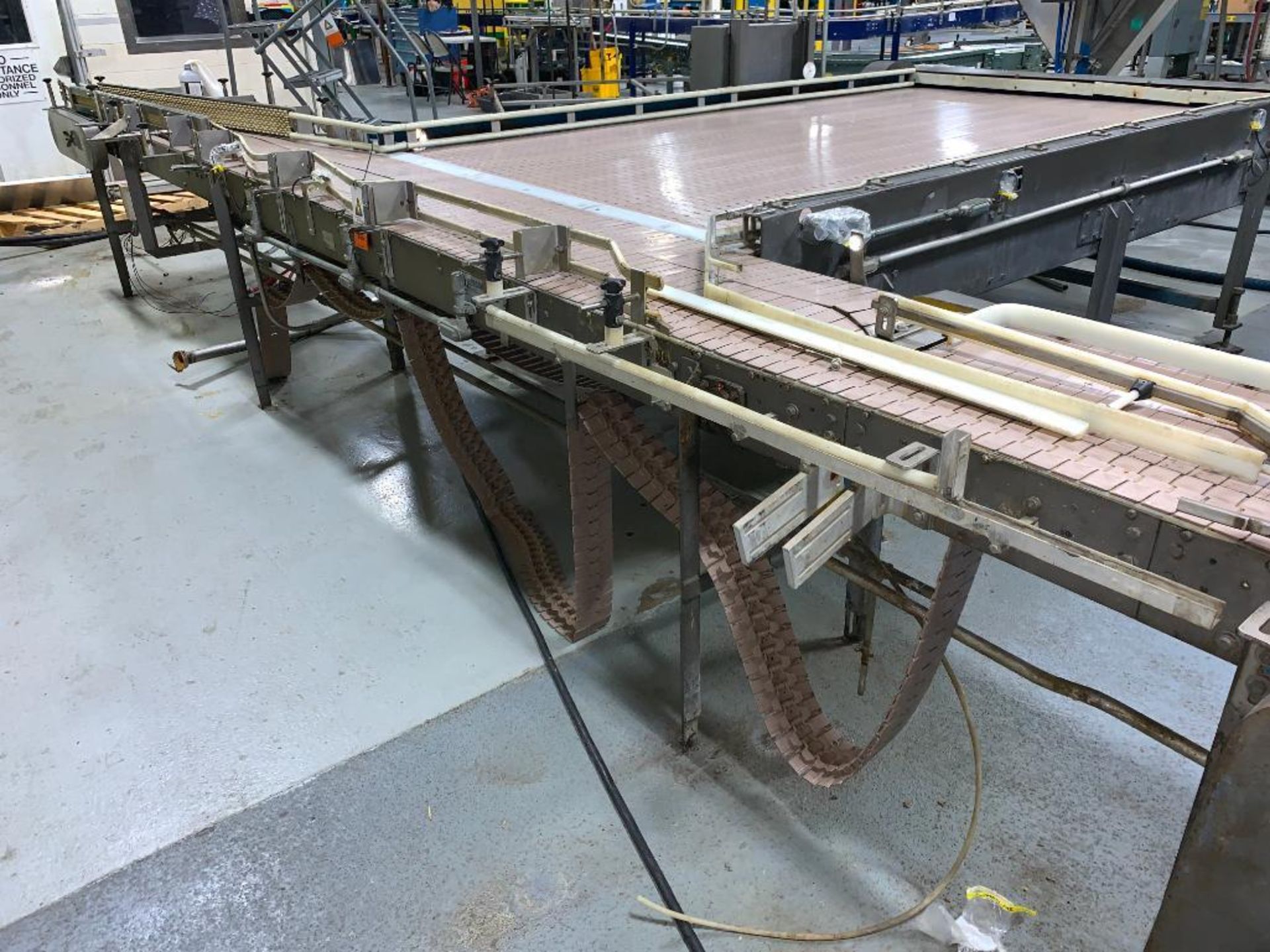 Nercon mild steel 3-lane bottle conveyor, 20 ft. overall, motor and drive
