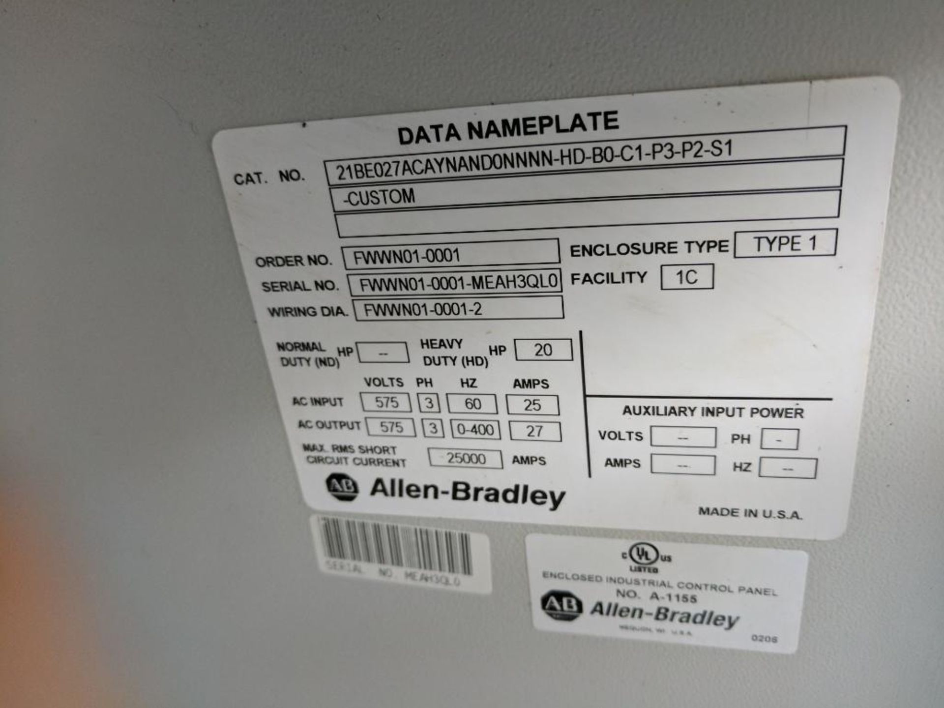 enclosed industrial control panel Allen Bradley A-1155 - Image 11 of 13