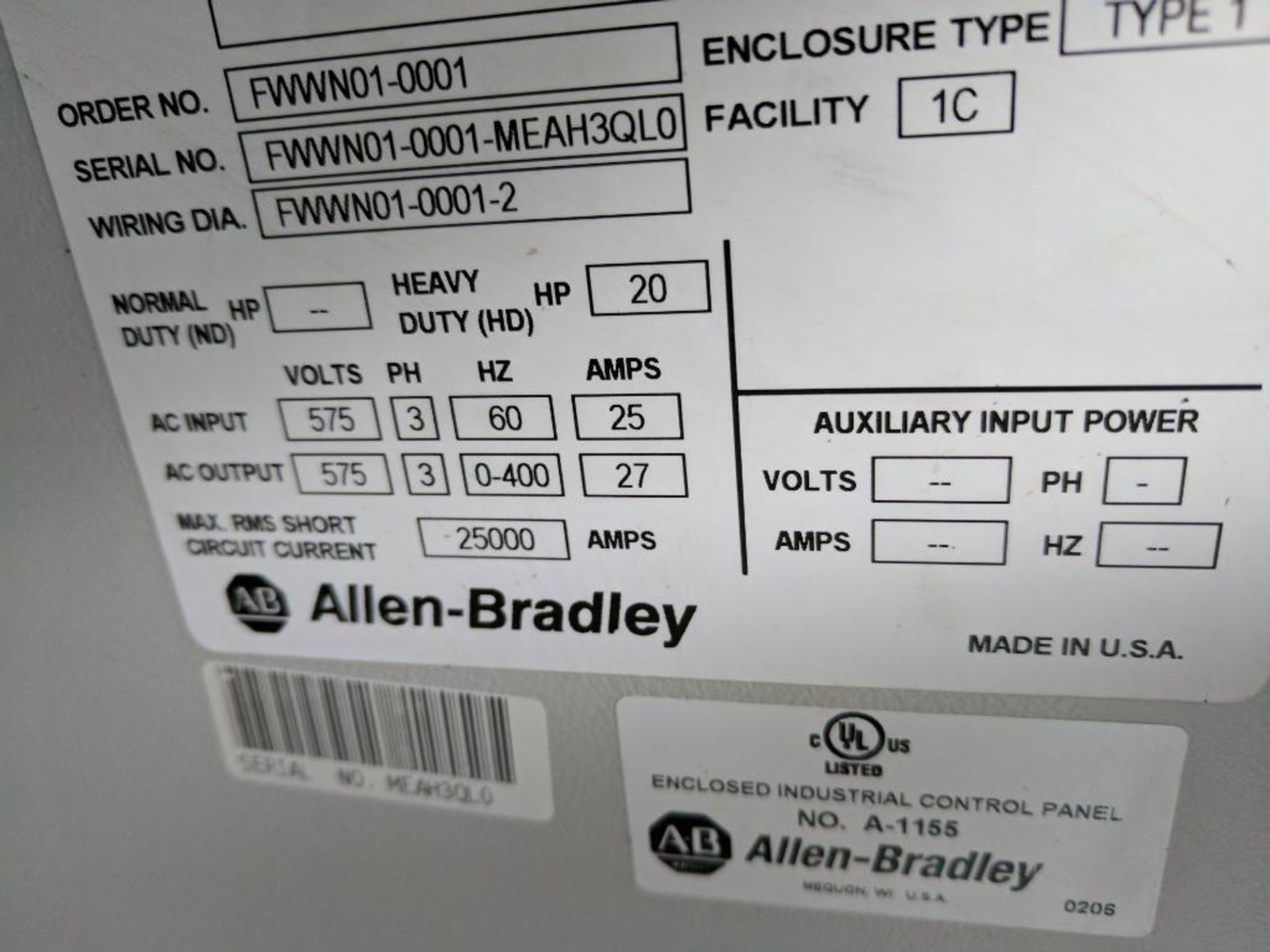 enclosed industrial control panel Allen Bradley A-1155 - Image 10 of 13