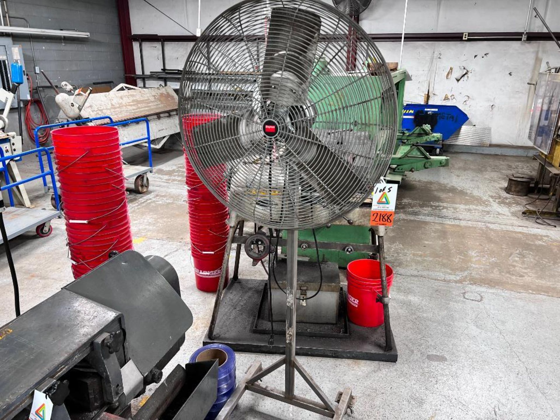 Reelcraft hose reel, Dayton floor fan on rolling pedestal