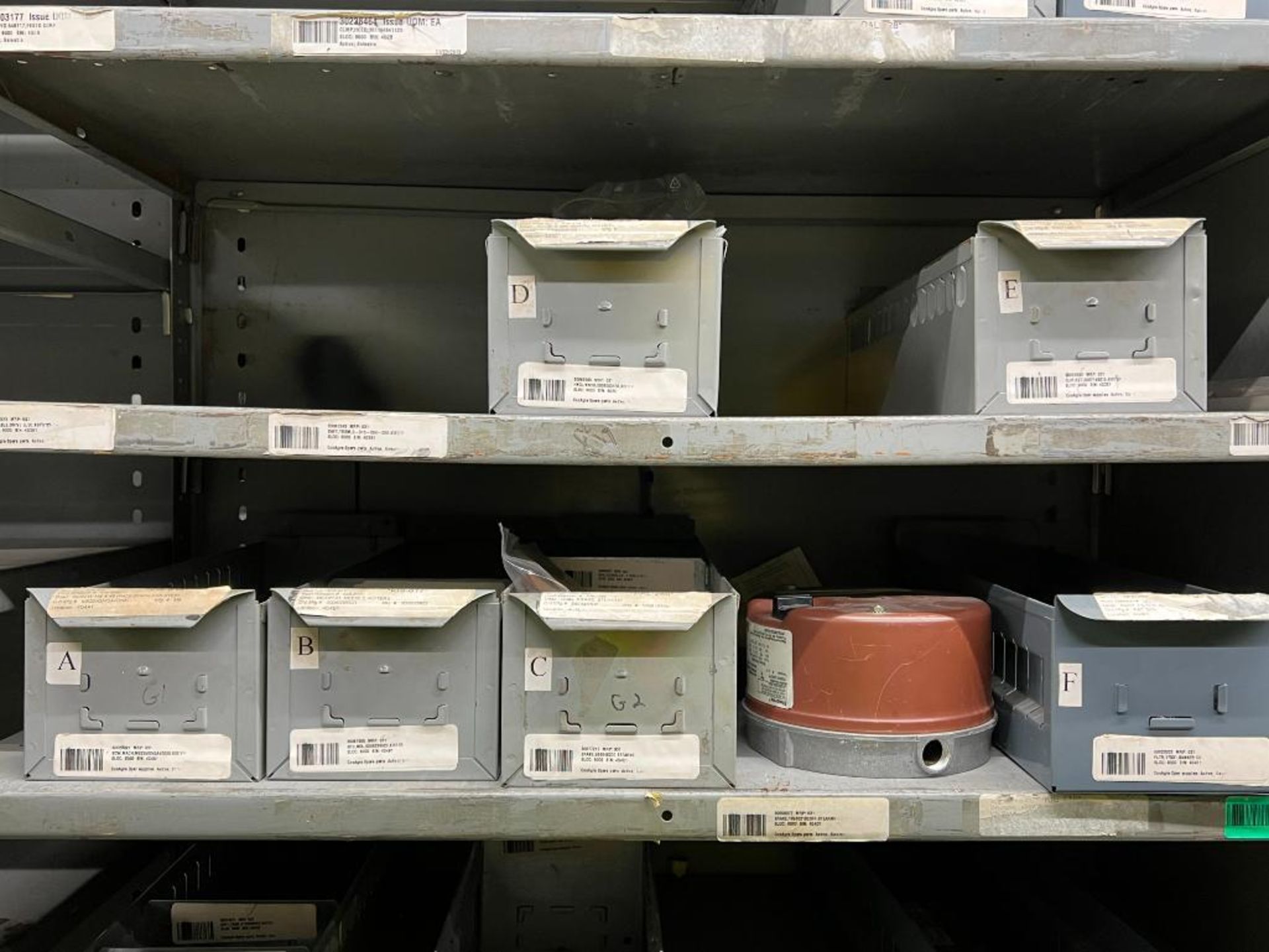 contents of gray shelving units to include, bearings, shafts, filters, fuses, pneumatic scale parts, - Image 34 of 141