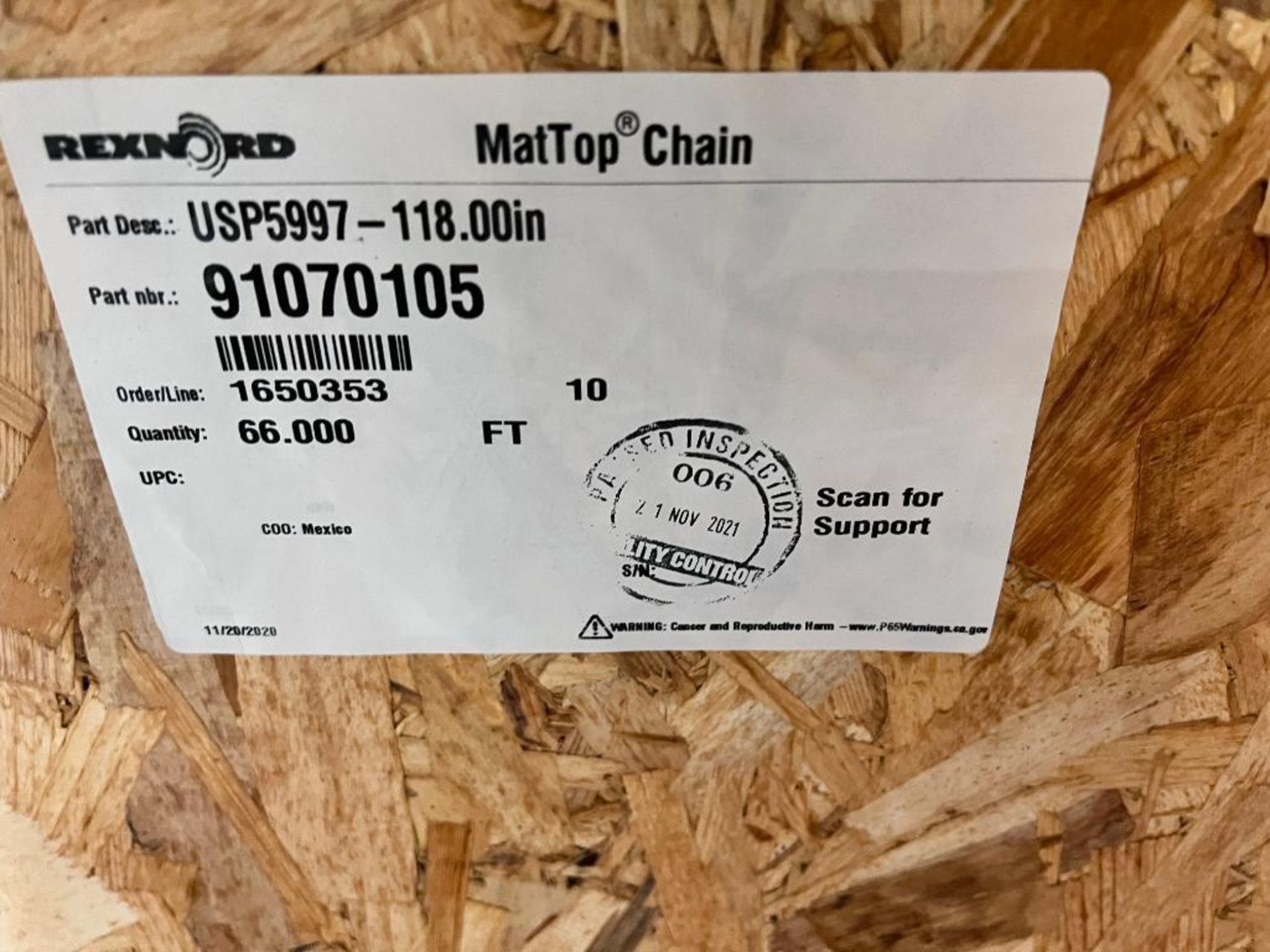 Rexnord crate of 118 in. width x 66 ft. mat top conveyor chain