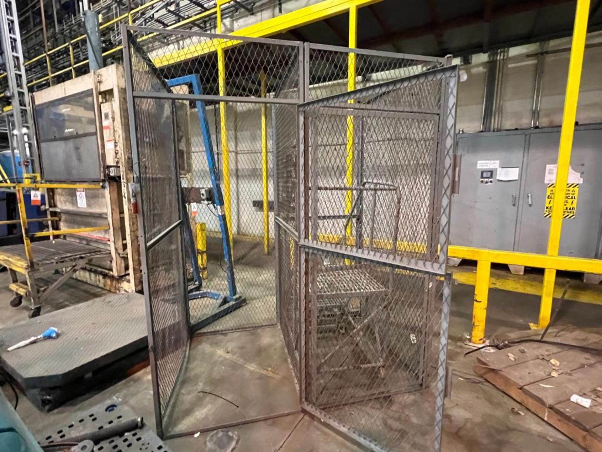 2-door storage cage with Cotterman 3-step rolling warehouse ladder - Image 3 of 4