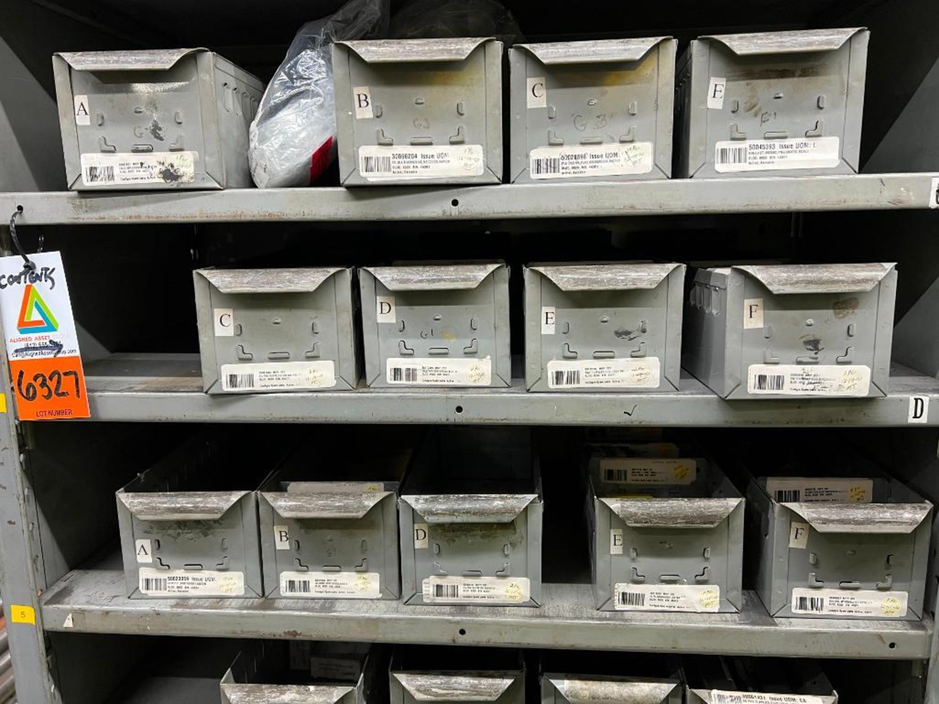 contents of gray shelving units to include, bearings, shafts, filters, fuses, pneumatic scale parts, - Image 104 of 141