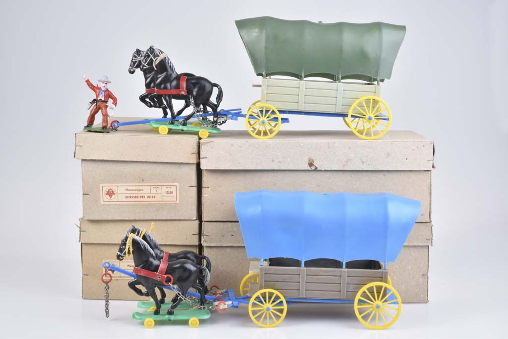 DDR VEB SPIELZEUGLAND 4 Wild West Planenwagen HP, komplett mit 2 Pferden und Plane, be