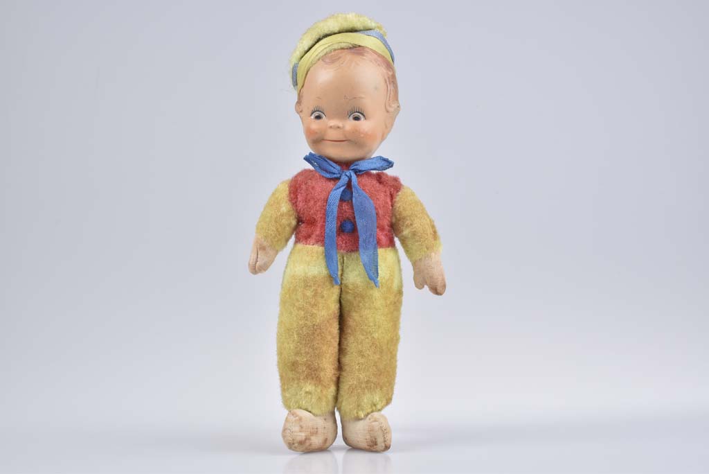 DIDDUMS Puppe Um 1925, alte Spielpuppe, selten, Einbindekopf, orig. Kostüm aus mehrfa