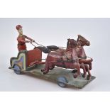 Altes Pferdegespann Fuhrwerk, Holz, bunt gefasst, 2 Zugpferde, Figur, Holzräder, L 31