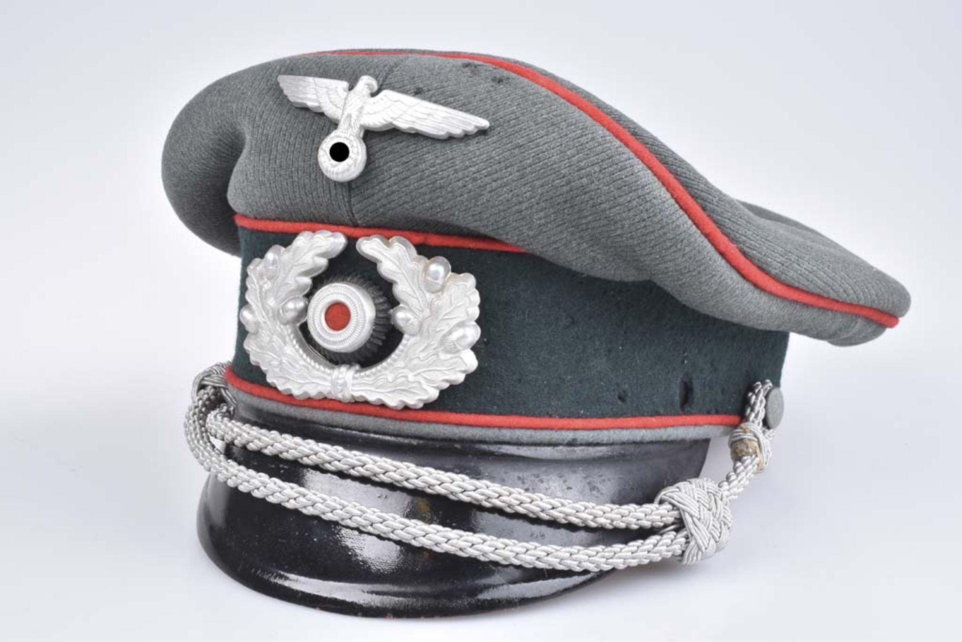 Schirmmütze für Offizier der Artillerie, WK II feldgrau/ dunkelgrün, silberne Korde - Bild 2 aus 4