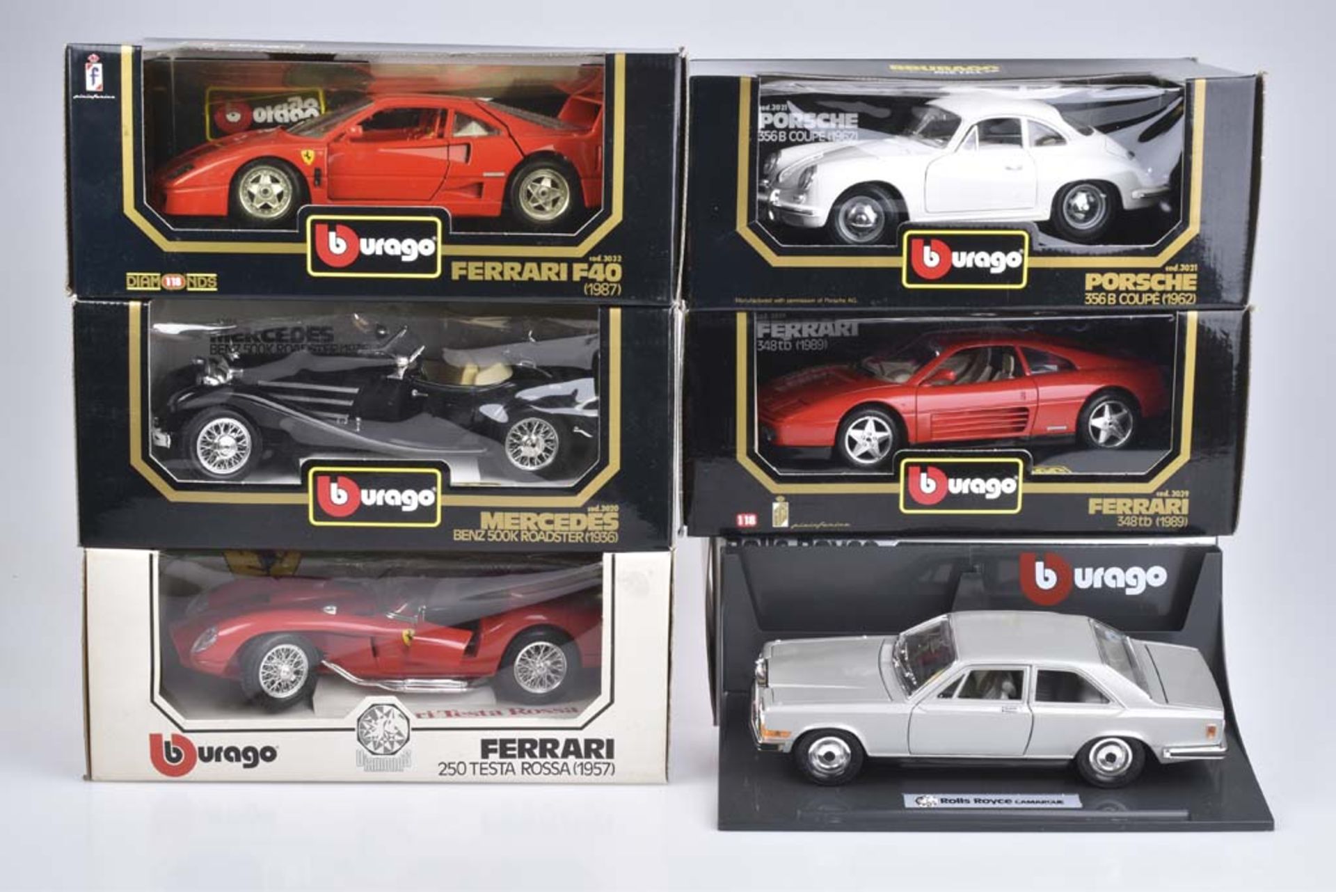 BURAGO 6 Modellautos Metall, Kunststoffteile, M 1:18, Rolls Royce Camatgue, Porsche 35