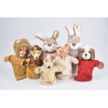 STEIFF 7 Handpuppen Mohair/ Plüsch, 2x Hand-Hase, KS, je Nr. 6993/30, Hand-Hund, KF.