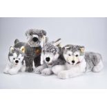 STEIFF Wolf und 3 Hunde Wolf, KFS, Nr. 069260, 2 Huskys, 2x KF, Nr. 0460/ 45, 083600,