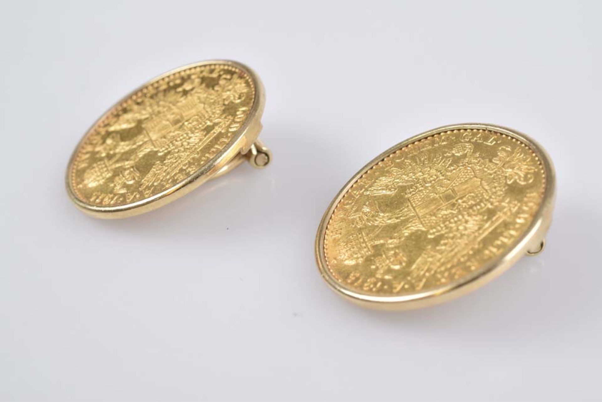 Paar Ohrclips mit Golddukat Franz Joseph GG 750, 10,2 g, Österreich, Portrait - Kaise - Bild 2 aus 2