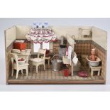 Kleine Puppenstube 2 Zimmer, 34x22x18,5 cm, Boden- , Wandtapete, Durchgang, Fenster, K