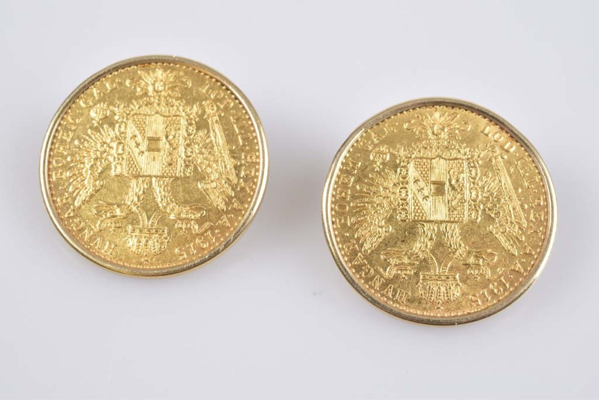 Paar Ohrclips mit Golddukat Franz Joseph GG 750, 10,2 g, Österreich, Portrait - Kaise